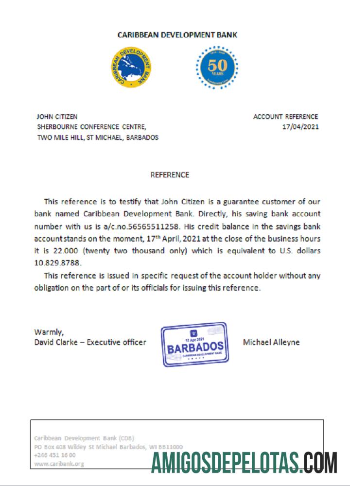 Referência do Banco de Desenvolvimento do Caribe de Barbados baixar para verificação